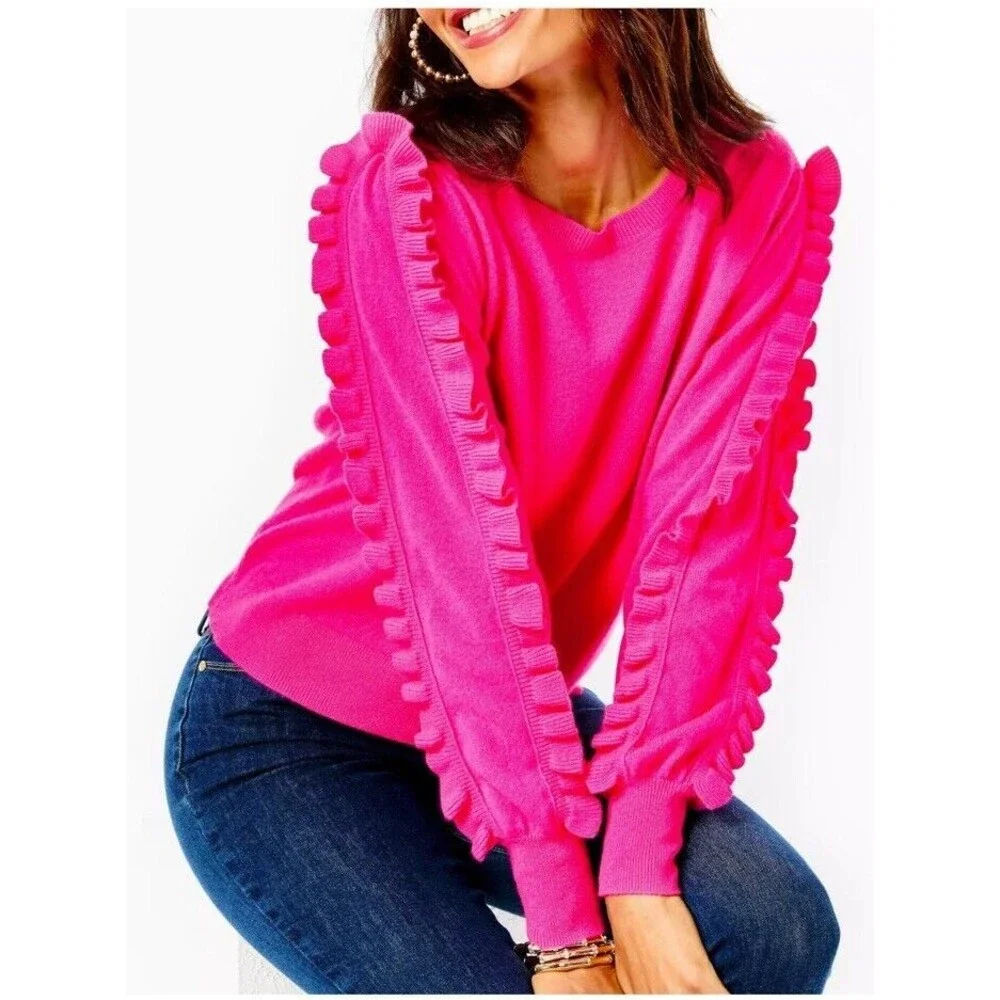 Lilly PULITZER Vibrant Cashmere Pink Ruffle Georgetta Sweater - Picture 1 of 13